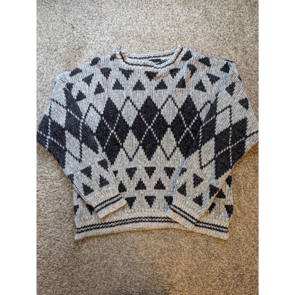 Tony Lambert Sweater Mens Large Grey Black Argyle Geometric 80s Vintage USA Made